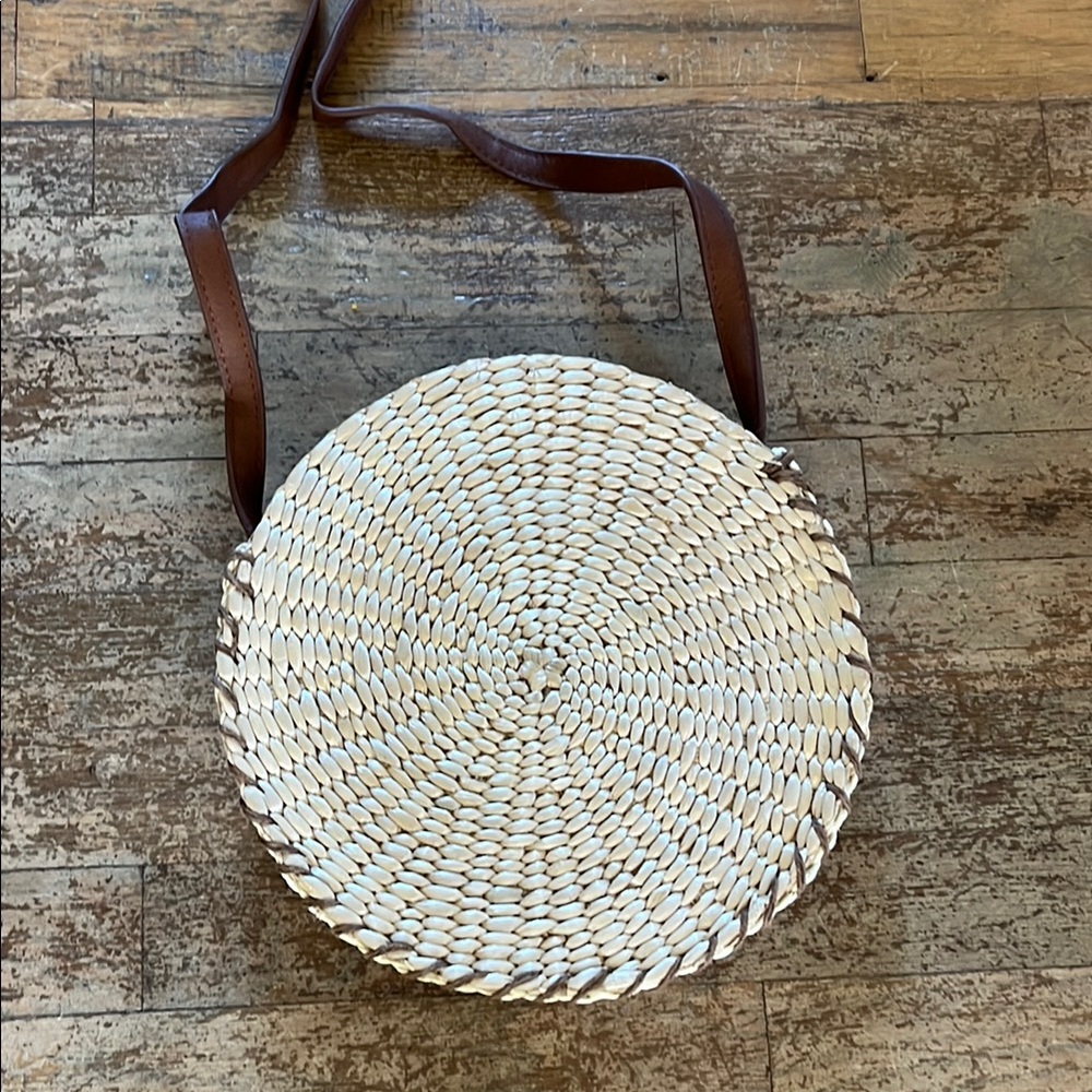 Round Woven Straw Crossbody Bag with Brown Strap